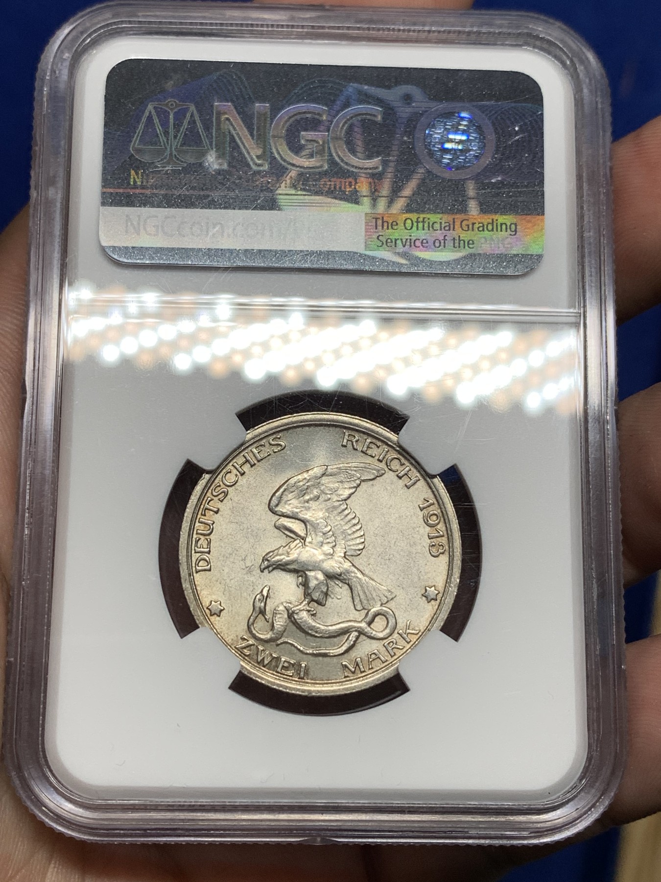 《竞宝斋》第198场-周日，周一 2场 (全场包邮) NGC MS63  1913年德国普鲁士战胜拿破仑2马克银币