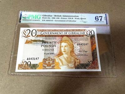 【Blue Auction】✨世界纸币精拍第372期【精】 - 【仅1张更高分】直布罗陀 1986年20镑 高冠女王 PMG67EPQ 高分 很多玩家追逐的品种