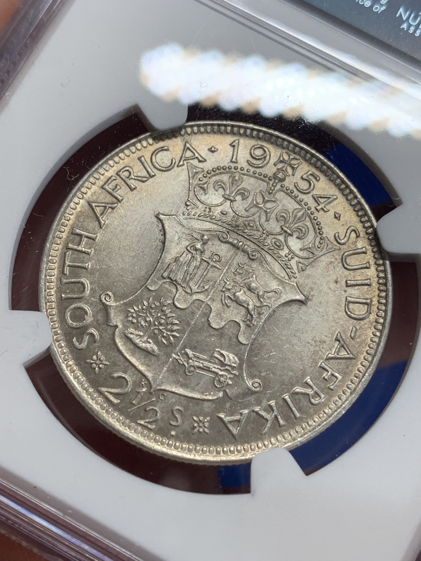 《竞宝斋》第198场-周日，周一 2场 (全场包邮) NGC-MS62 南非1954年伊丽莎白二世2.5先令银币