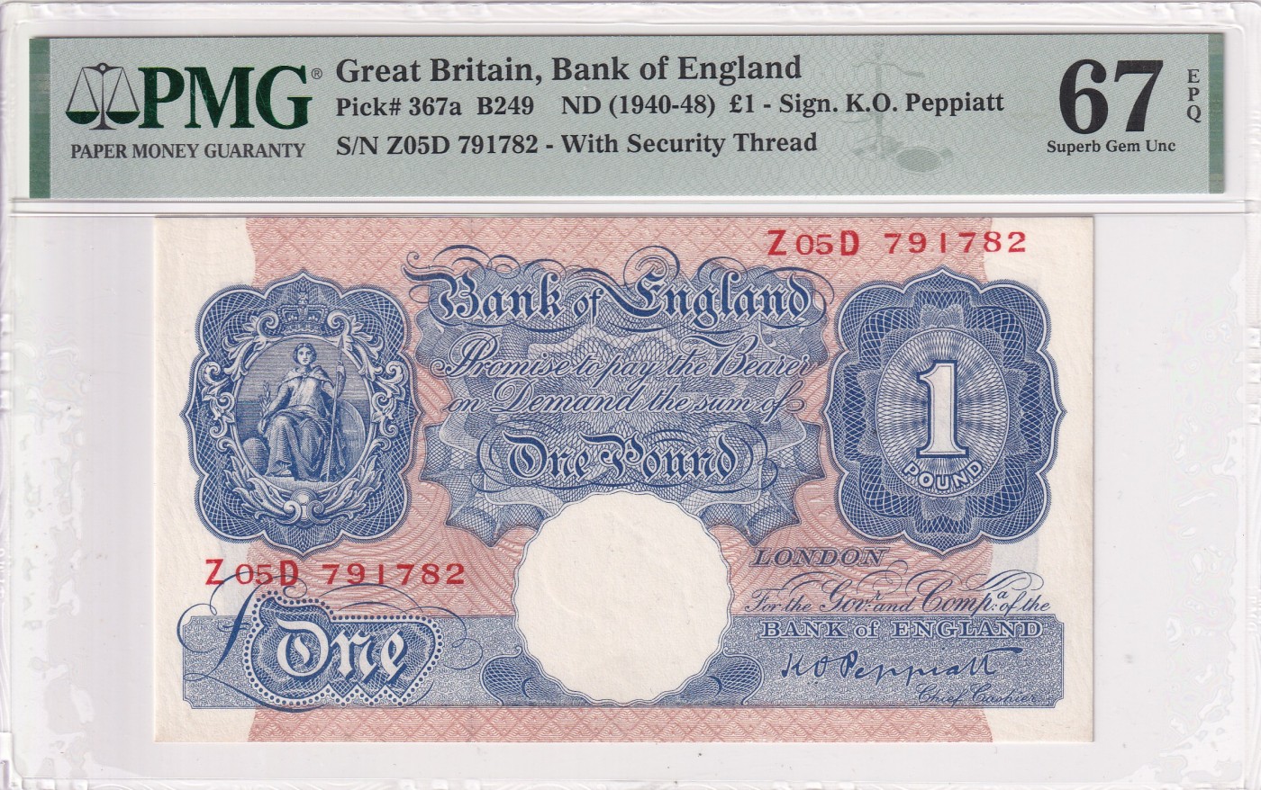 乐淘淘纸币精选 第20期  【Z05D 791782】英国1940-48年纸币 1英镑 PMG67EPQ 冠军分！
