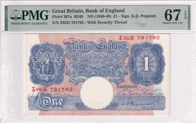 乐淘淘纸币精选 第20期  - 【Z05D 791782】英国1940-48年纸币 1英镑 PMG67EPQ 冠军分！