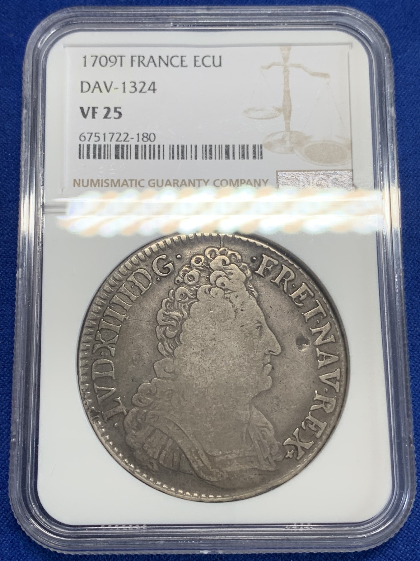 《竞宝斋》第198场-周日，周一 2场 (全场包邮) NGC VF25 法国1709T 太阳王路易十四埃居原味大银