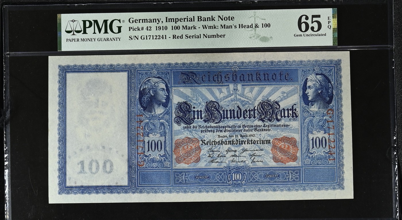 收藏联盟Quantum Auction 第290期拍卖  德国帝国银行1910年100马克 PMG65 超大票幅