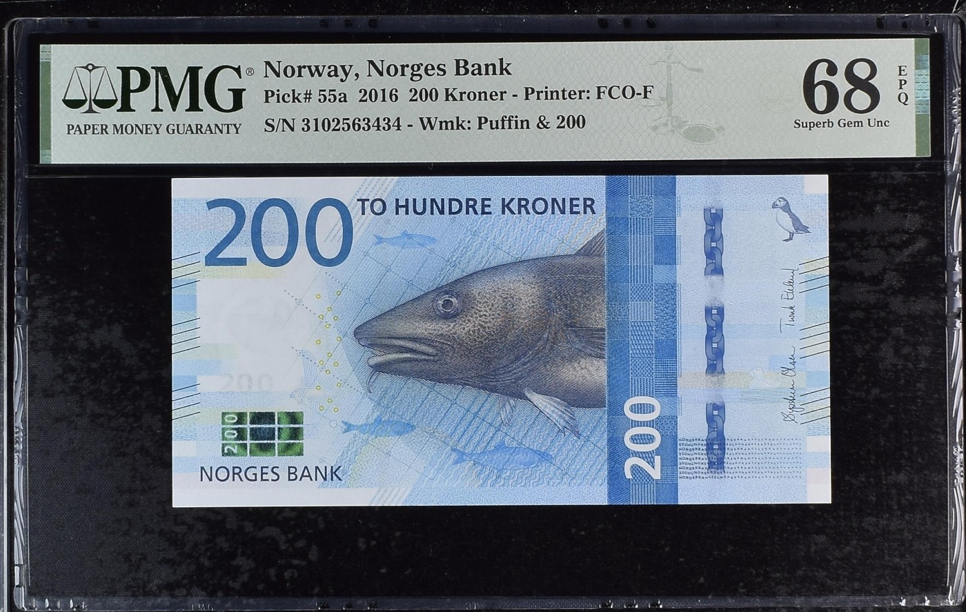 乐淘淘纸币精选 第20期  【3102563434】挪威2016年纸币 200克朗 鱼头 PMG68EPQ 亚军分