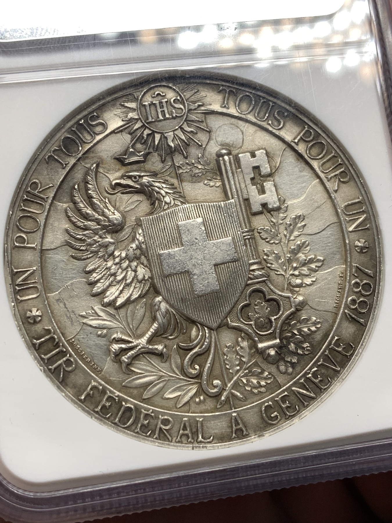 《竞宝斋》第198场-周日，周一 2场 (全场包邮) NGC UNC 瑞士1887日内瓦射击节银章 高浮雕