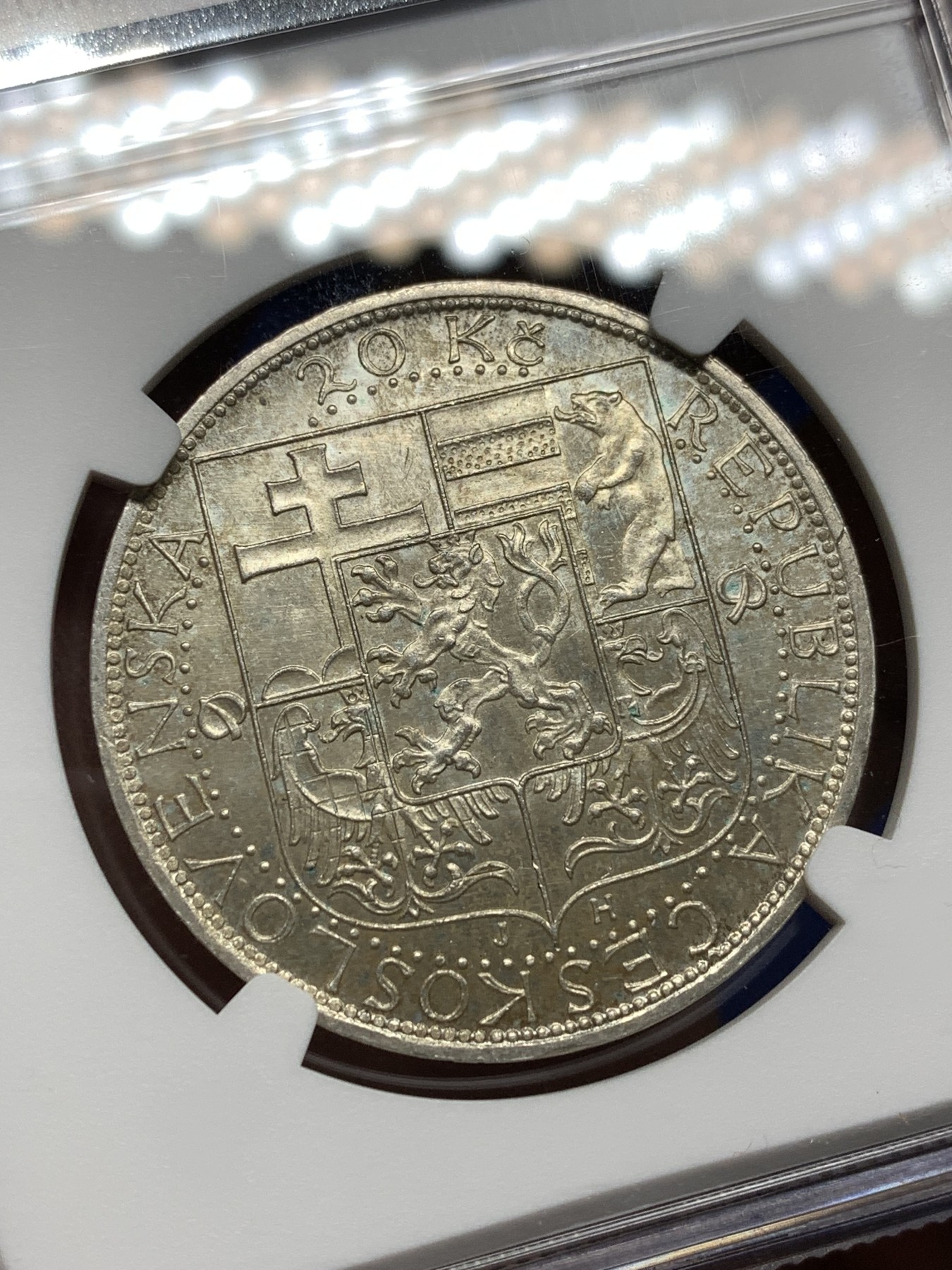 《竞宝斋》第198场-周日，周一 2场 (全场包邮) NGC-MS63 1937年捷克斯洛伐克20K银币，原光卷拆品，少见品种。