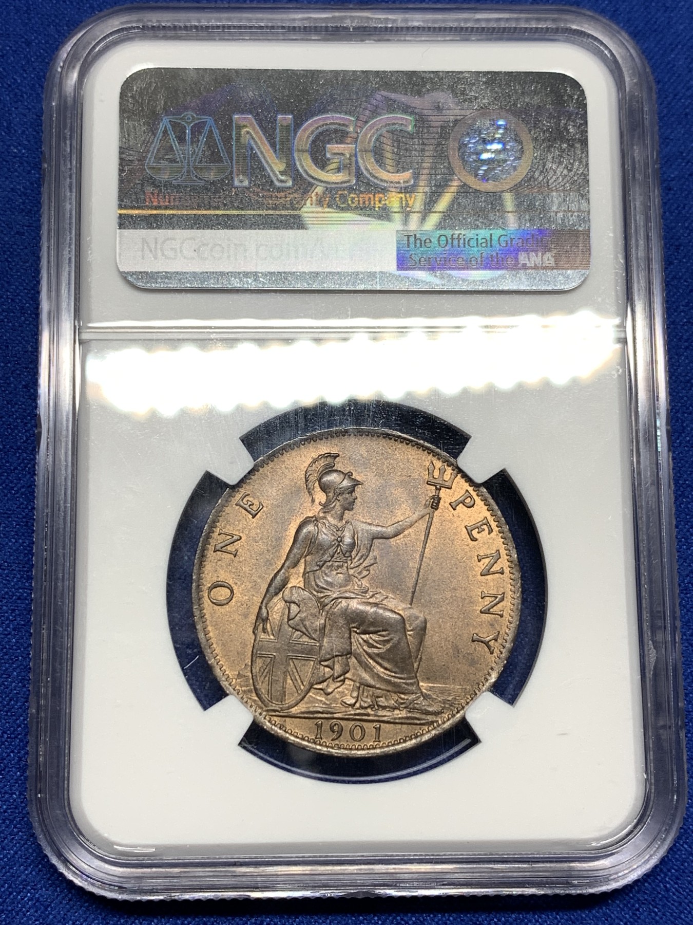 《竞宝斋》第198场-周日，周一 2场 (全场包邮) NGC-MS64 高分 英国1901年1便士大铜币 漂亮红棕色包浆