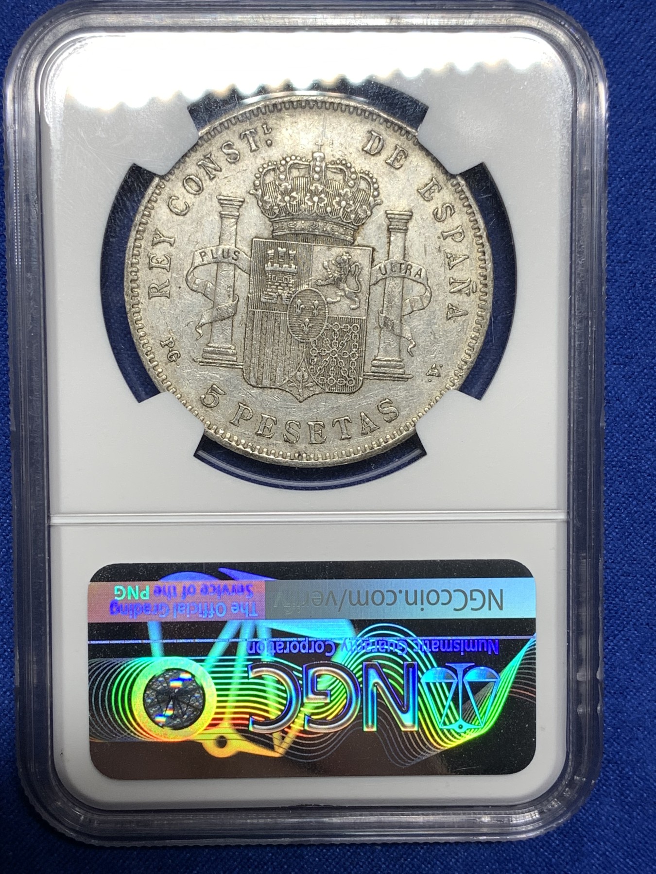 《竞宝斋》第198场-周日，周一 2场 (全场包邮) NGC-AU58 西班牙 5比塞塔 阿方索十三世 1896（96）PGV 原味状态好 少年