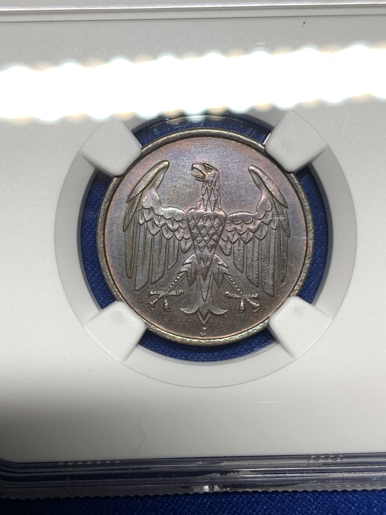 《竞宝斋》第198场-周日，周一 2场 (全场包邮) NGC MS62BN 1932J德国4芬尼铜币 漂亮的巧克力色