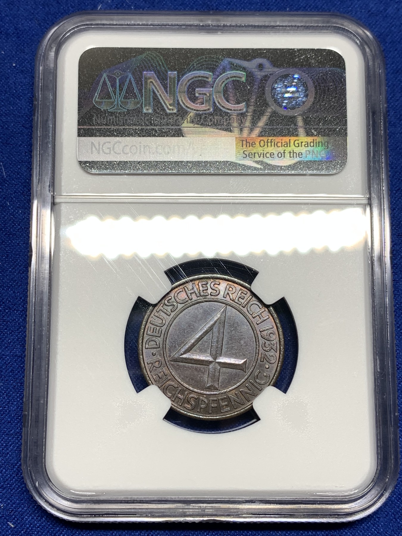 《竞宝斋》第198场-周日，周一 2场 (全场包邮) NGC MS62BN 1932J德国4芬尼铜币 漂亮的巧克力色