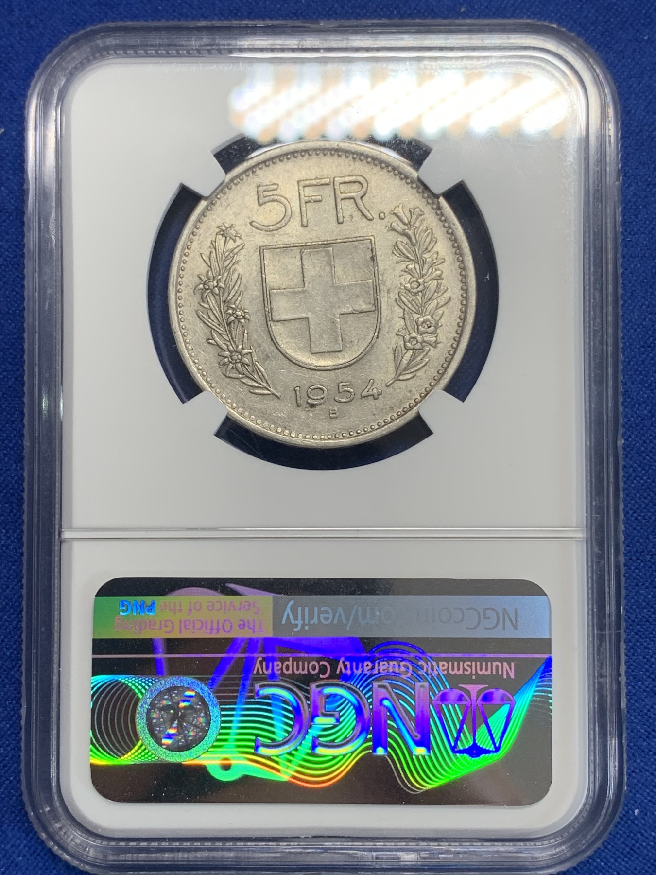 《竞宝斋》第198场-周日，周一 2场 (全场包邮) NGC AU55 1954年瑞士5法郎银币