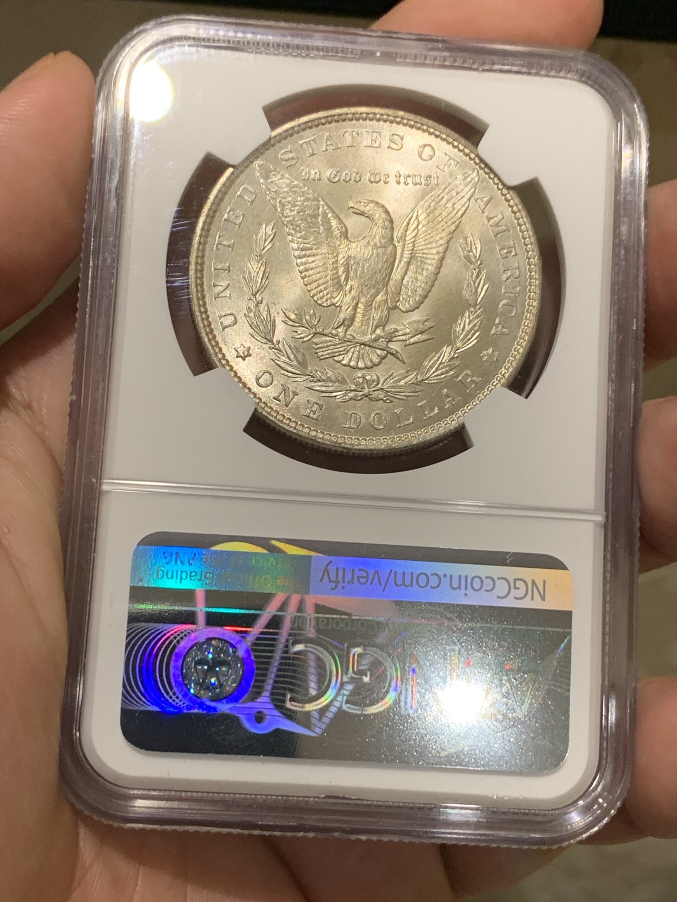 《竞宝斋》第198场-周日，周一 2场 (全场包邮) NGC-MS63 美国 1887年 摩根银币1美元 淡紫色包浆 转光感强烈