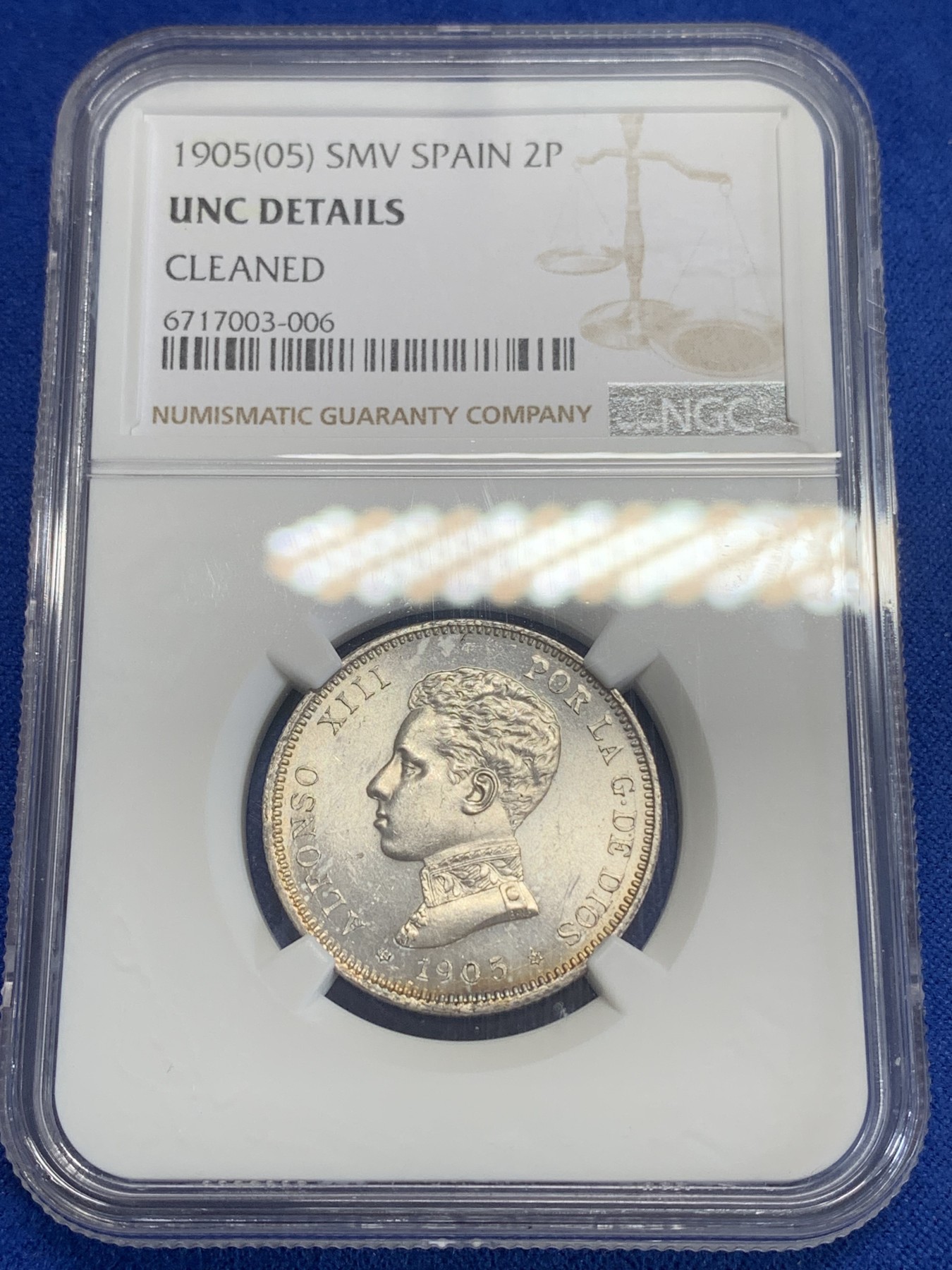 《竞宝斋》第198场-周日，周一 2场 (全场包邮) NGC-UNCD 西班牙1905阿方索十三世2比塞塔银币
