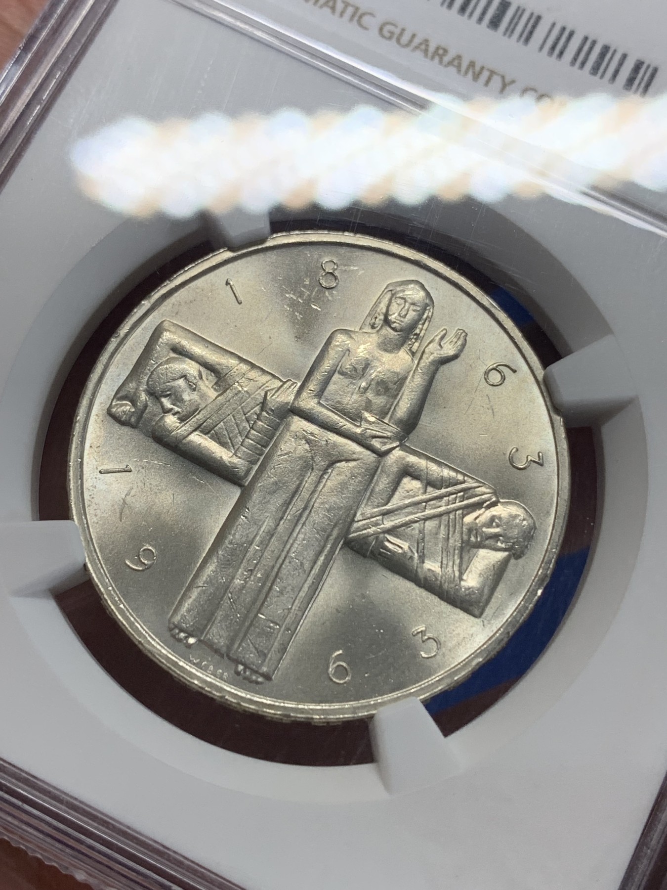 《竞宝斋》第198场-周日，周一 2场 (全场包邮) NGC-MS63 瑞士1963年国际红十字会成立百年纪念5法郎银币