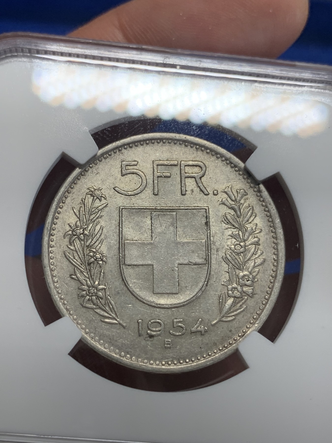 《竞宝斋》第198场-周日，周一 2场 (全场包邮) NGC AU55 1954年瑞士5法郎银币