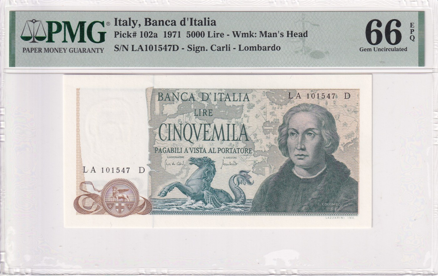乐淘淘纸币精选 第20期  【LA101547D】意大利1971年纸币 5000里拉 哥伦布 PMG66EPQ