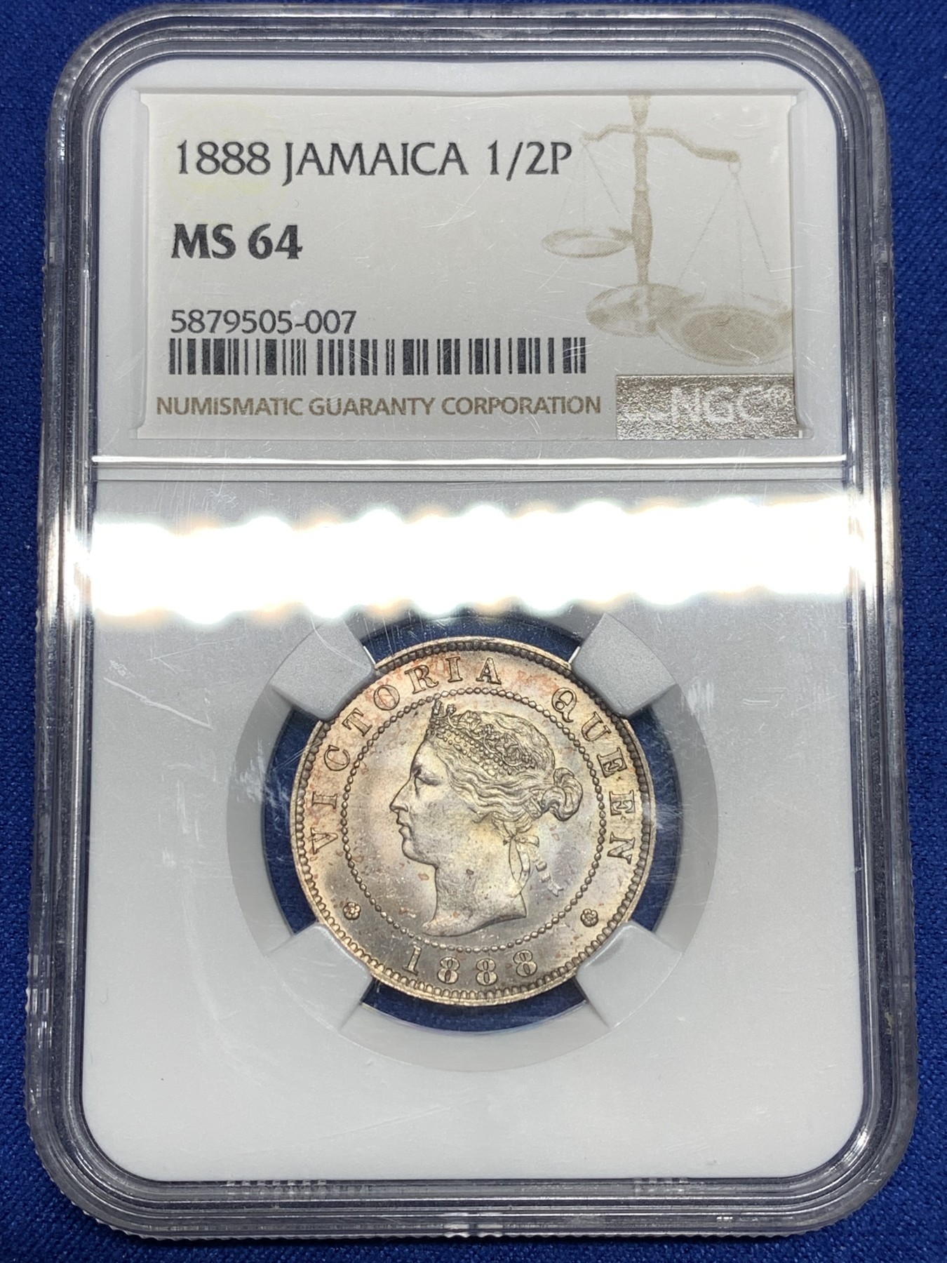 《竞宝斋》第198场-周日，周一 2场 (全场包邮) NGC-MS64 高分 牙买加1888年半便士铜镍币 转光好品