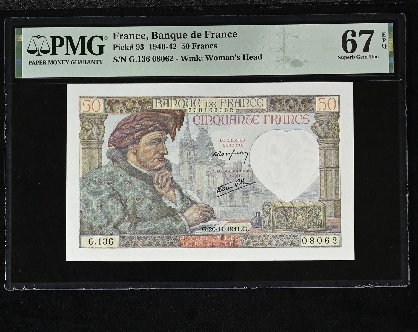 收藏联盟Quantum Auction 第290期拍卖  法国1940-42年50马克 PMG67 红顶商人 全程无47