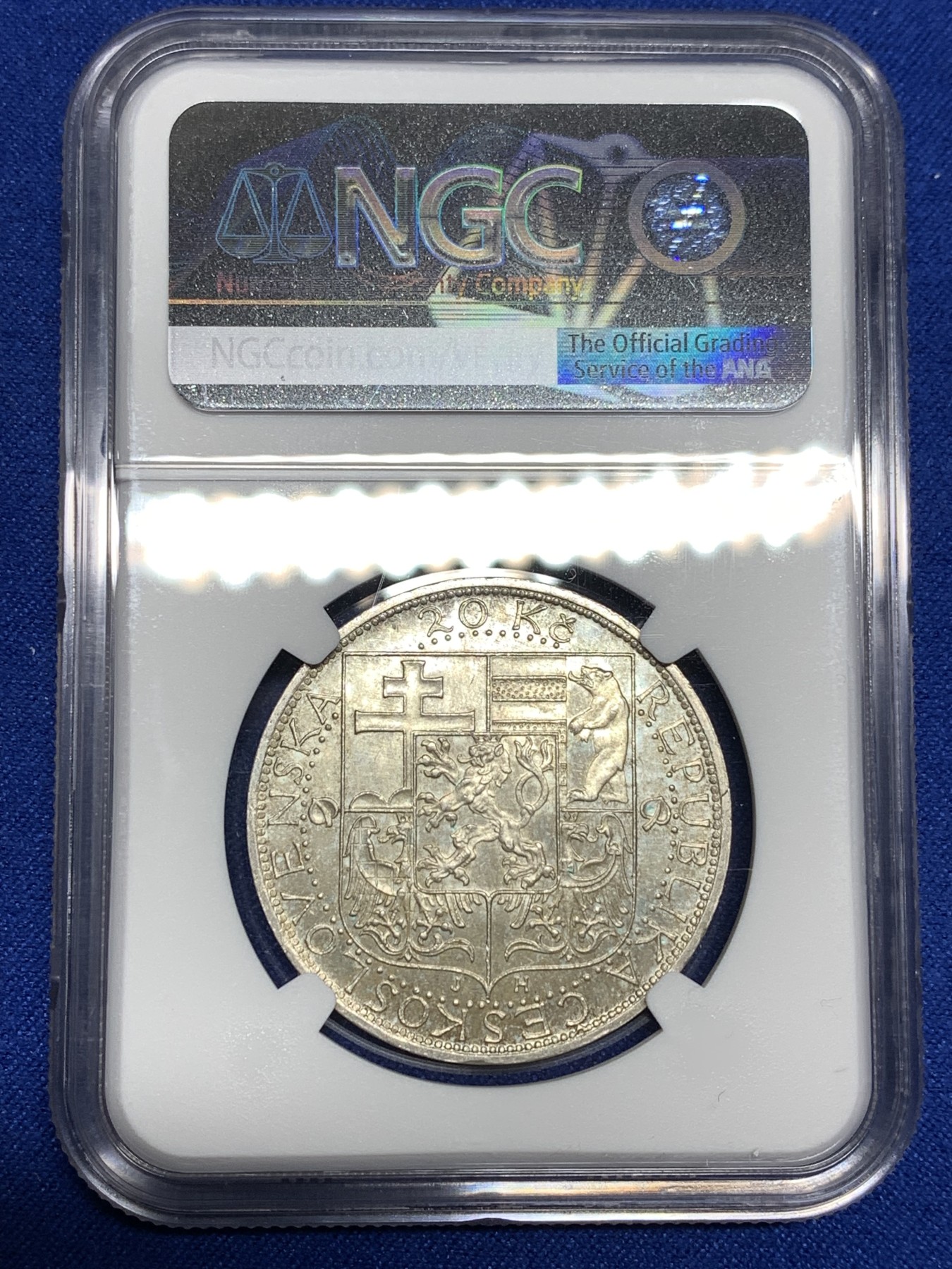 《竞宝斋》第198场-周日，周一 2场 (全场包邮) NGC-MS63 1937年捷克斯洛伐克20K银币，原光卷拆品，少见品种。