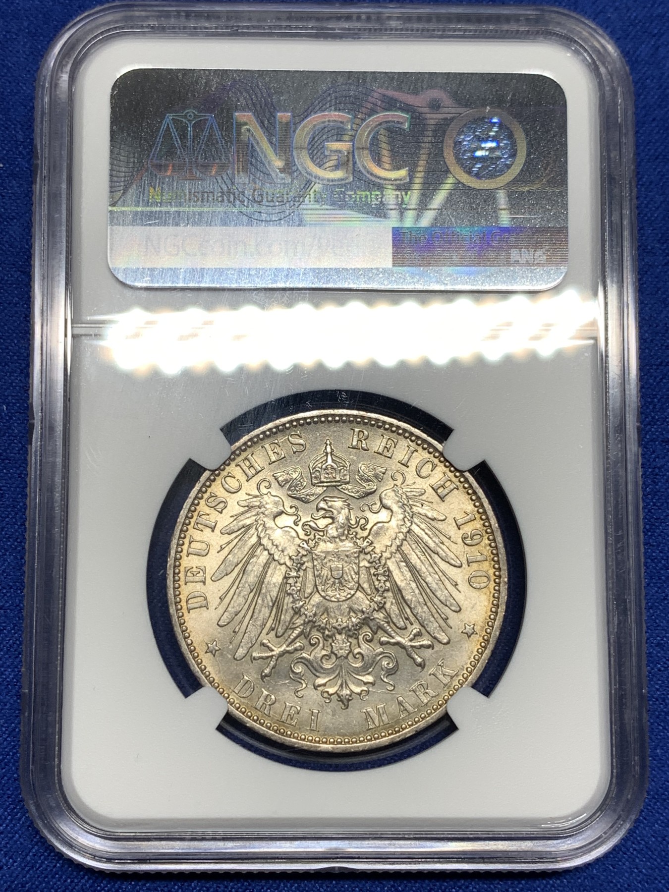 《竞宝斋》第198场-周日，周一 2场 (全场包邮) NGC MS64 1910年 德国汉堡双狮3马克银币