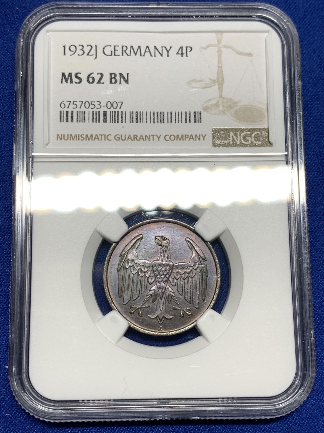 《竞宝斋》第198场-周日，周一 2场 (全场包邮) NGC MS62BN 1932J德国4芬尼铜币 漂亮的巧克力色