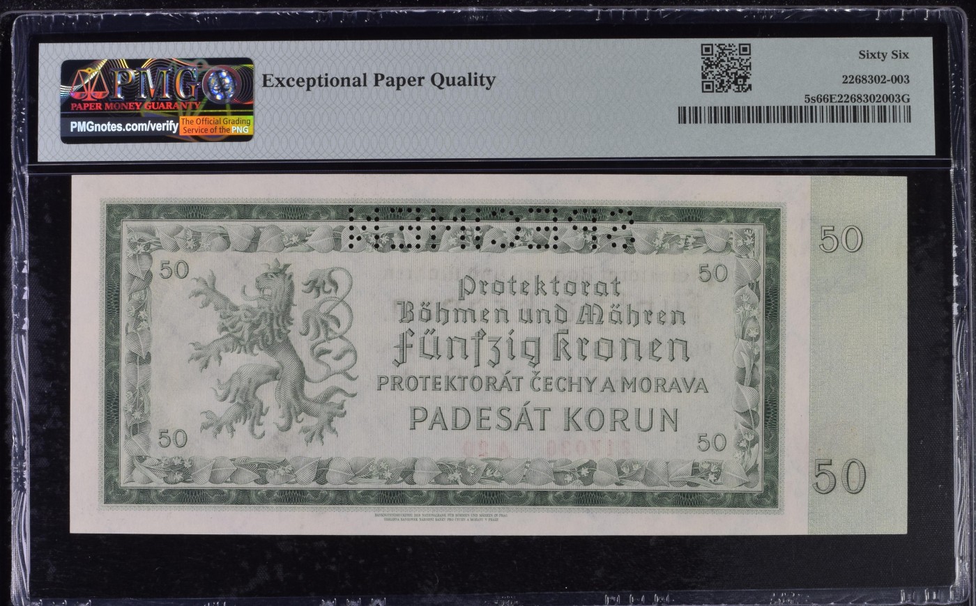 收藏联盟Quantum Auction 第290期拍卖  波西米亚和莫拉维亚1940年50克朗样票 PMG66
