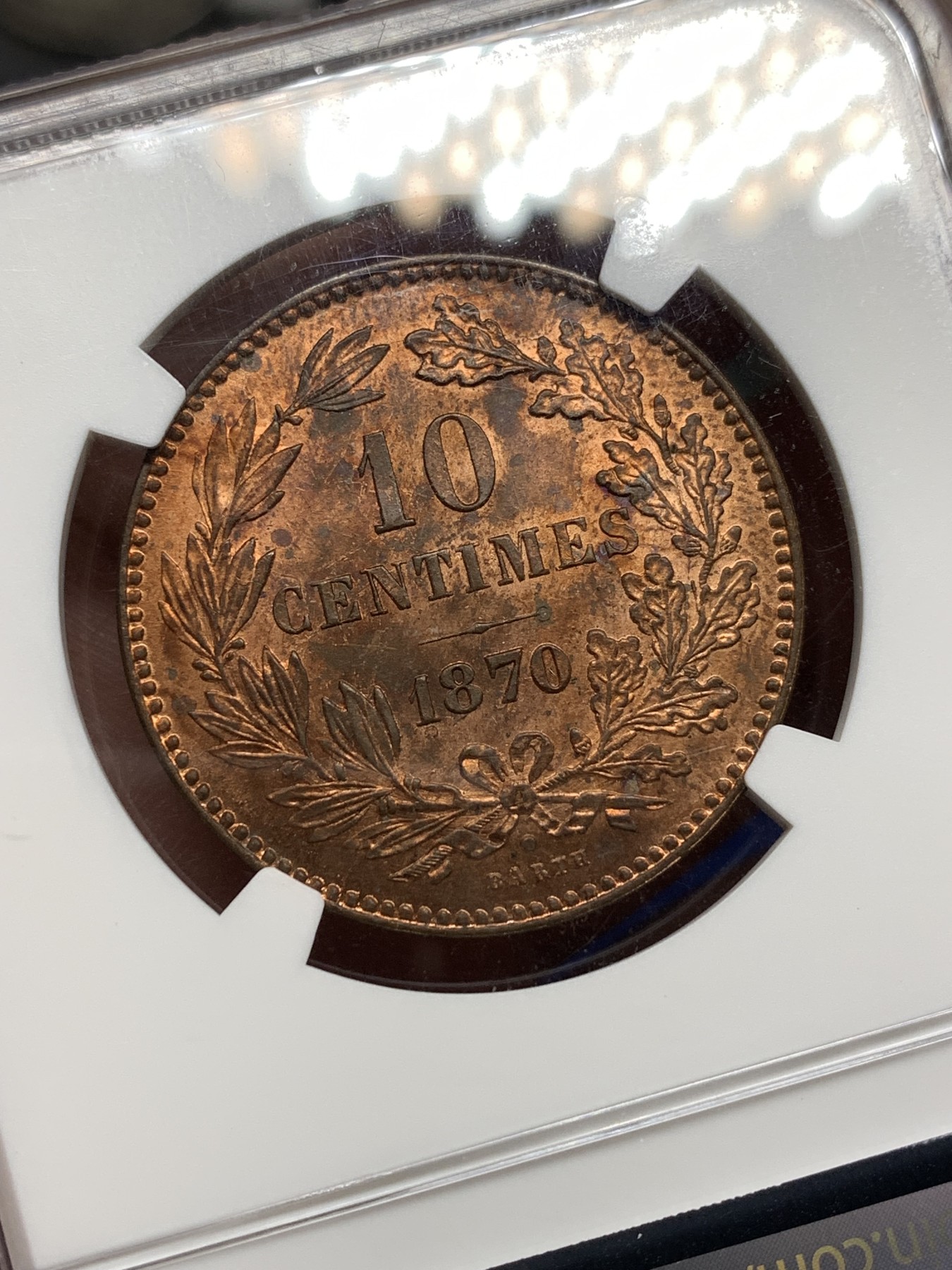 《竞宝斋》第198场-周日，周一 2场 (全场包邮) NGC-UNCD 1870年卢森堡10C大铜币，十分少见，品相十分精美