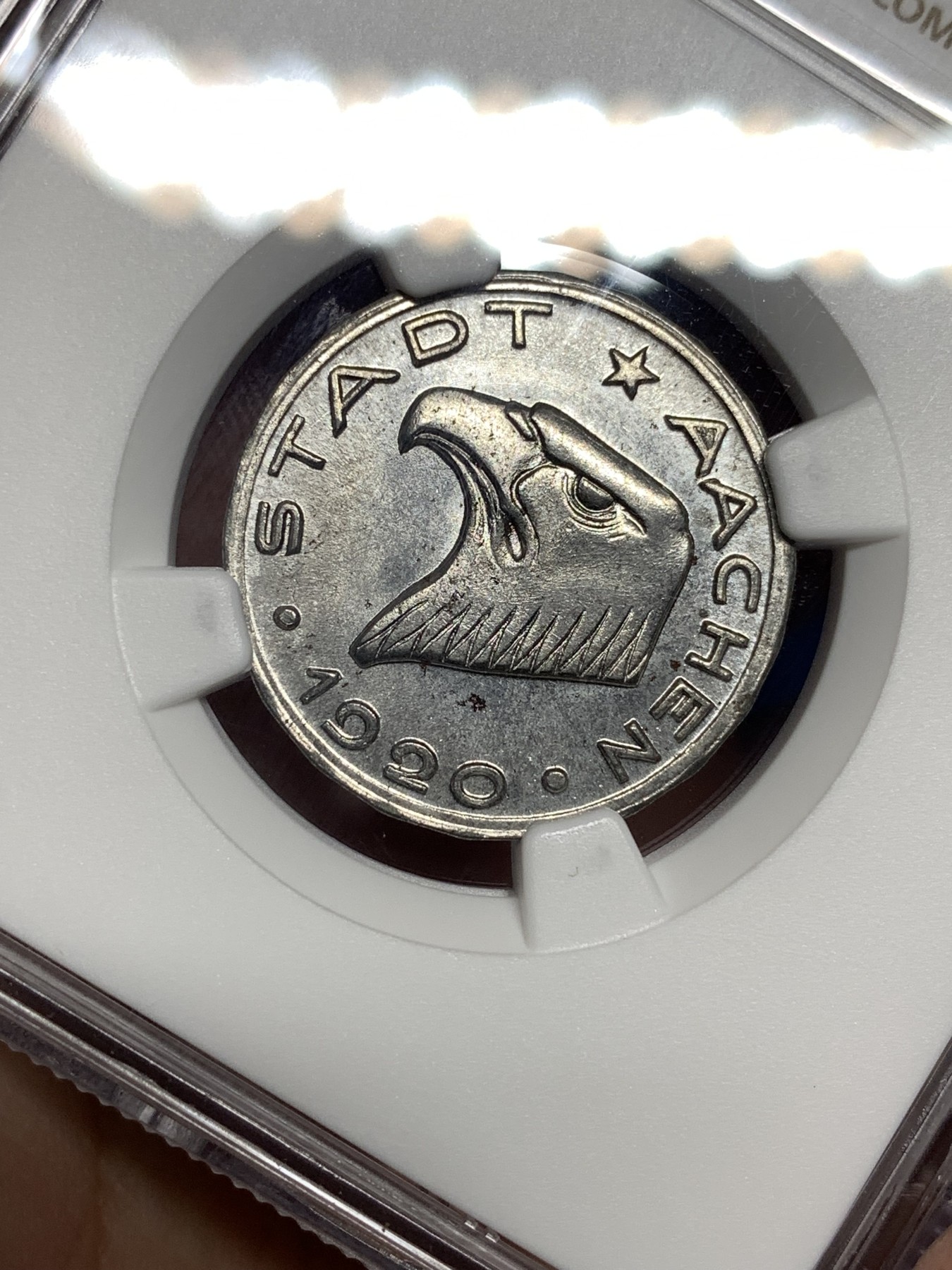 《竞宝斋》第198场-周日，周一 2场 (全场包邮) NGC MS63  1920年德国德紧亚琛鹰头50芬尼铁币 铁币保存不易 非常难得的品相