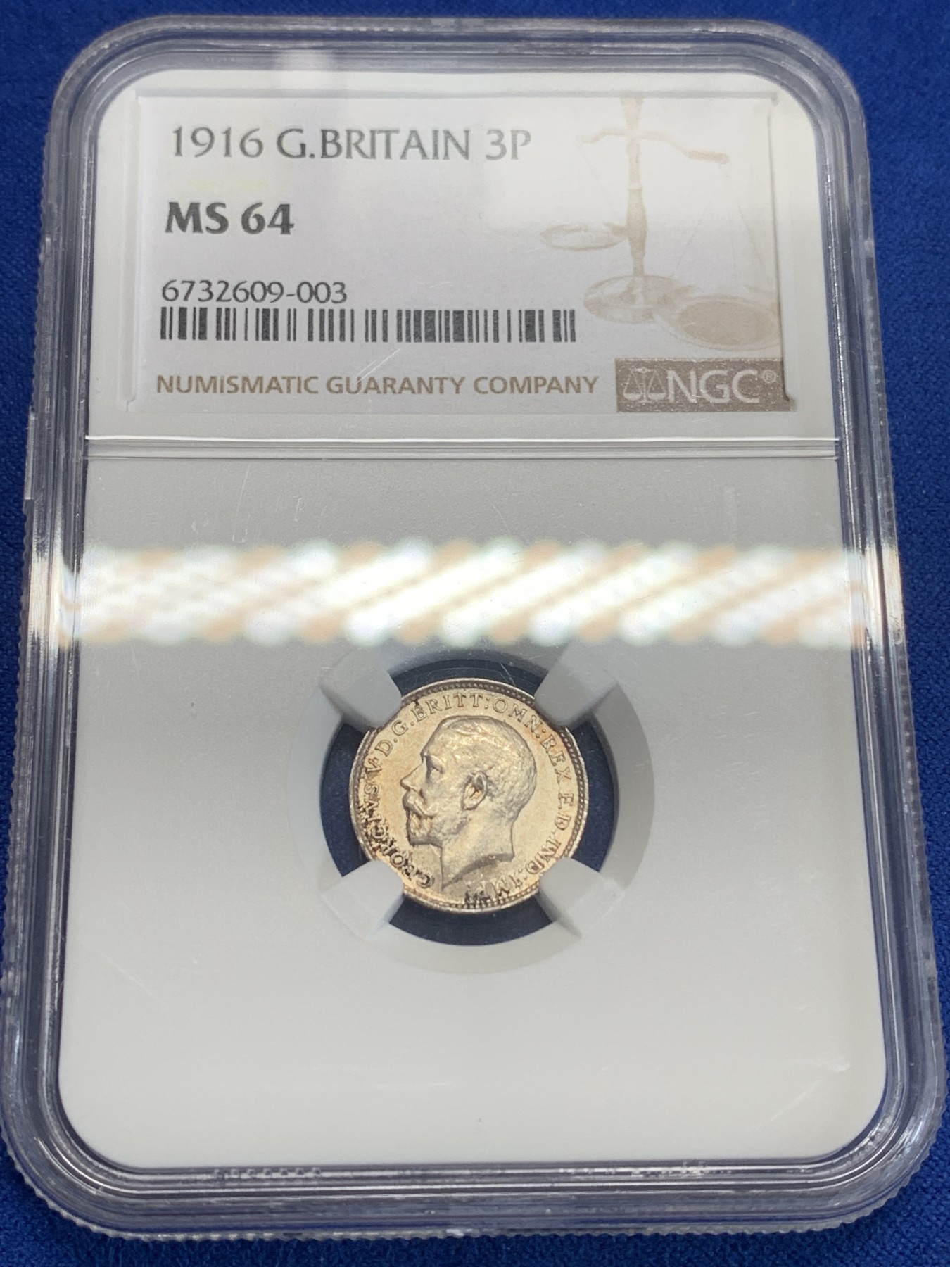 《竞宝斋》第198场-周日，周一 2场 (全场包邮) NGC MS64  1916年英国乔治五世3便士银币 原味包浆 好品好状态