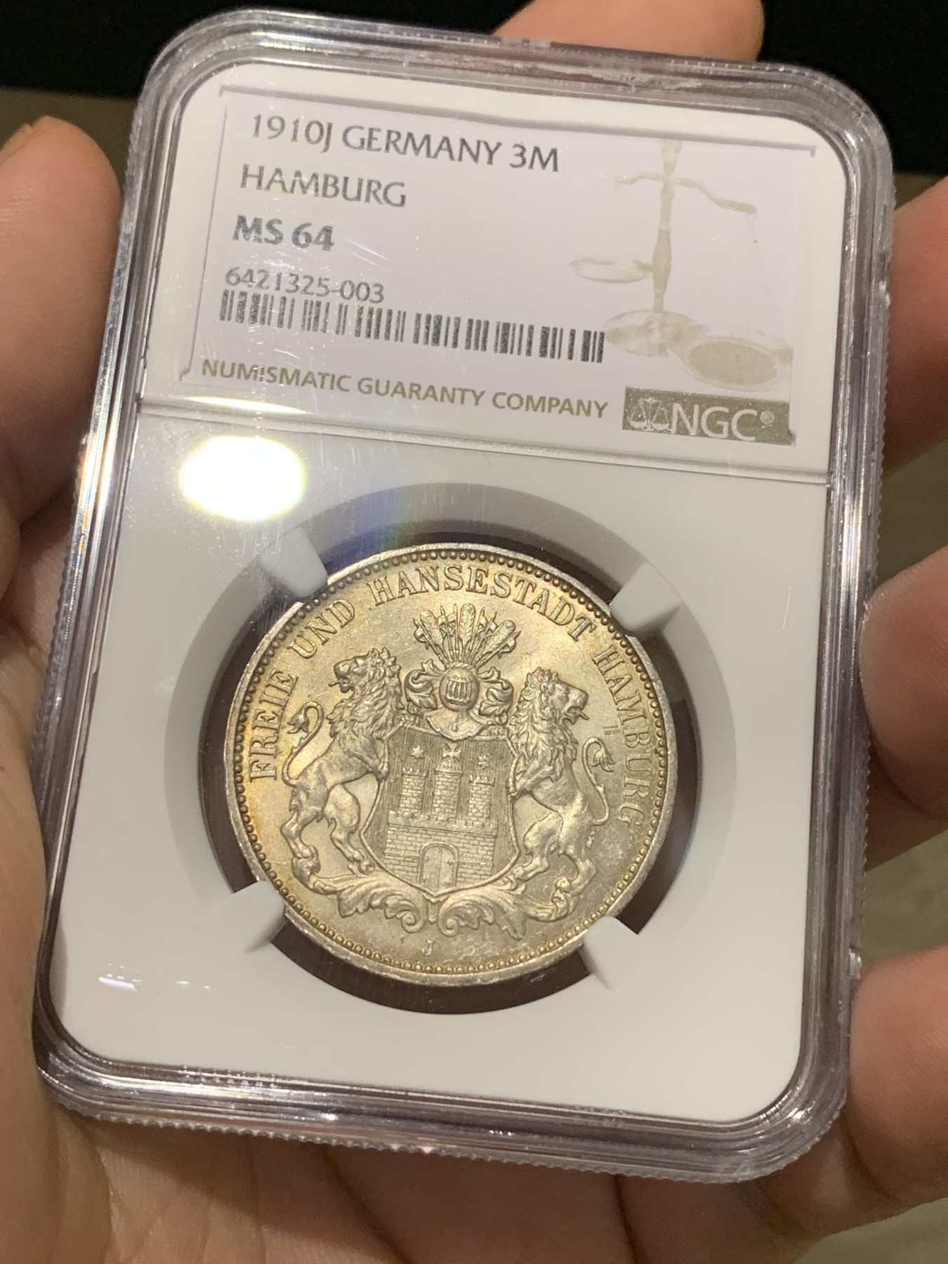 《竞宝斋》第198场-周日，周一 2场 (全场包邮) NGC MS64 1910年 德国汉堡双狮3马克银币