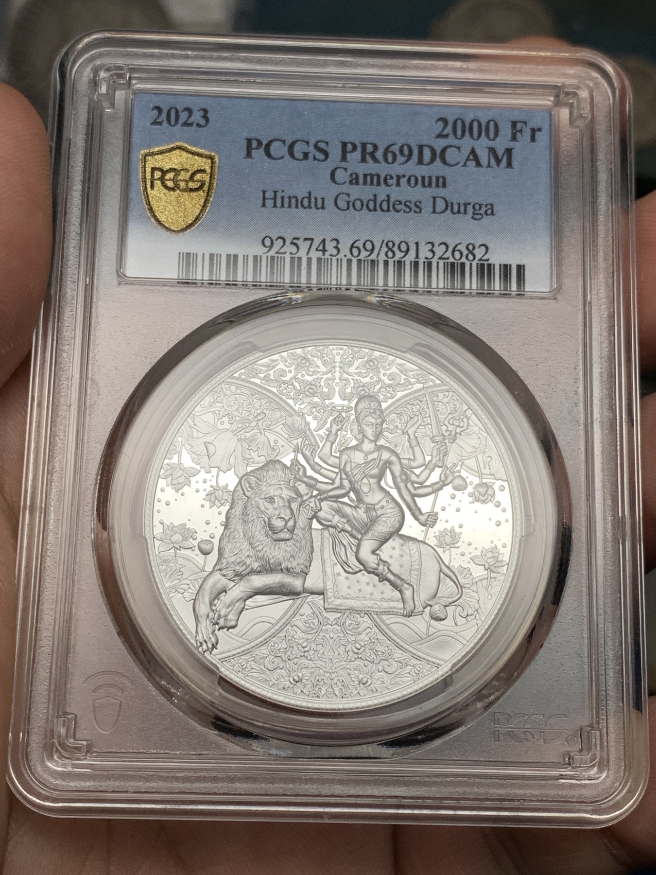 《竞宝斋》第198场-周日，周一 2场 (全场包邮) 冠军分 PCGS PR69DCAM喀麦隆2023年杜尔加女战神1盎司大银币 收藏好品，精制漂亮！