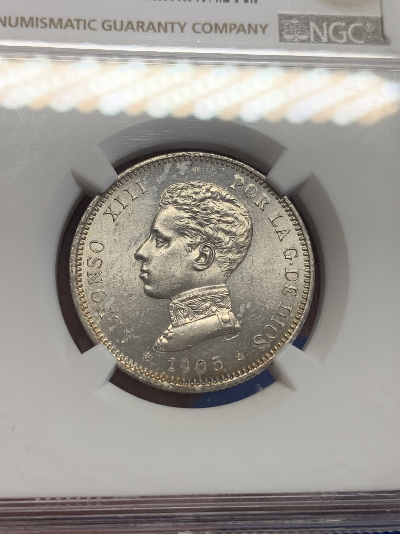 《竞宝斋》第198场-周日，周一 2场 (全场包邮) NGC-UNCD 西班牙1905阿方索十三世2比塞塔银币