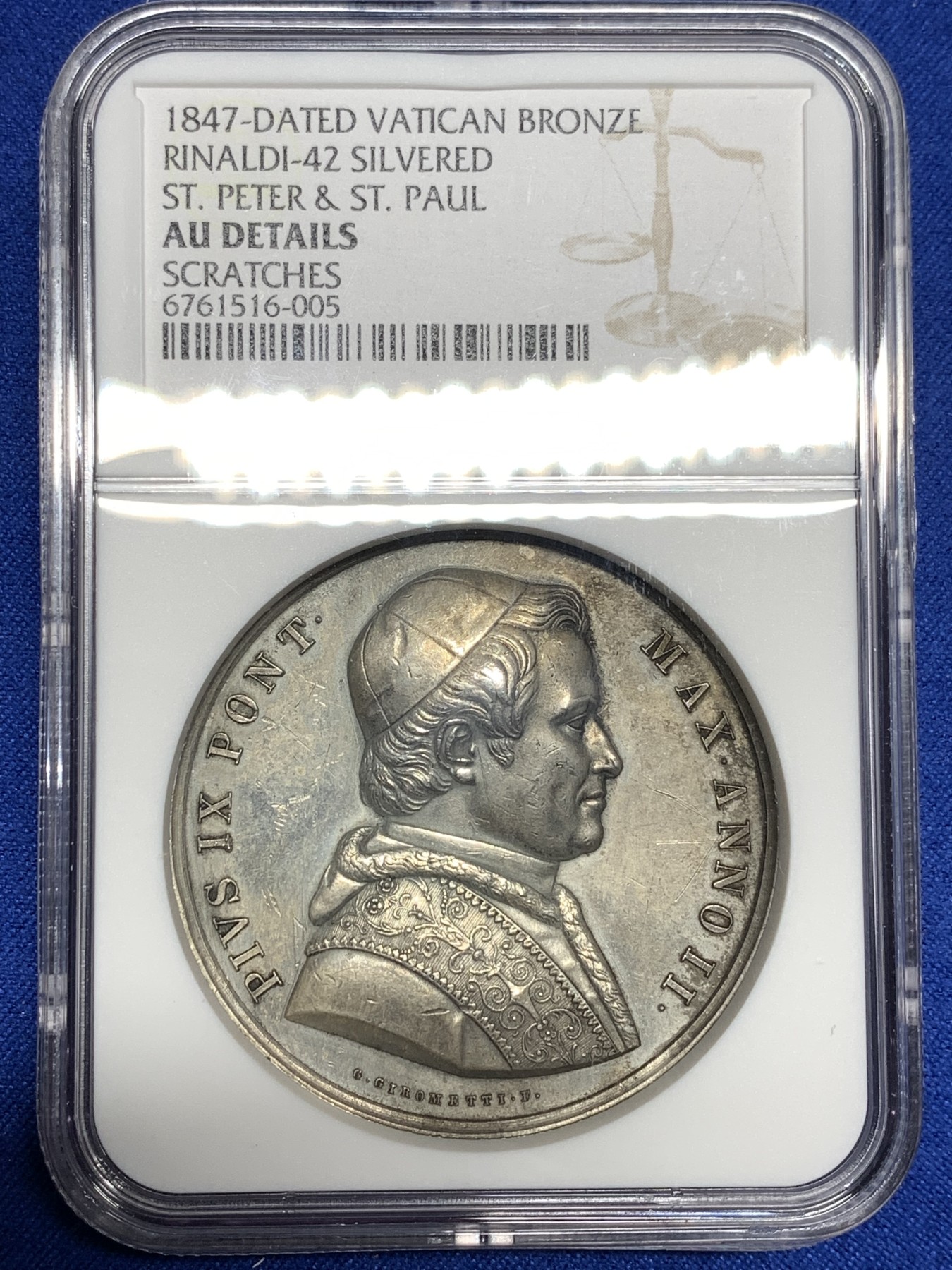 《竞宝斋》第198场-周日，周一 2场 (全场包邮) NGC AUD 1847梵蒂冈庇护九世镀银铜章 加厚盒装