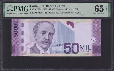 草稿银行第十一期国内外钞票硬币拍卖 哥斯达黎加2009年 50000科朗 蝴蝶 PMG 65 低评