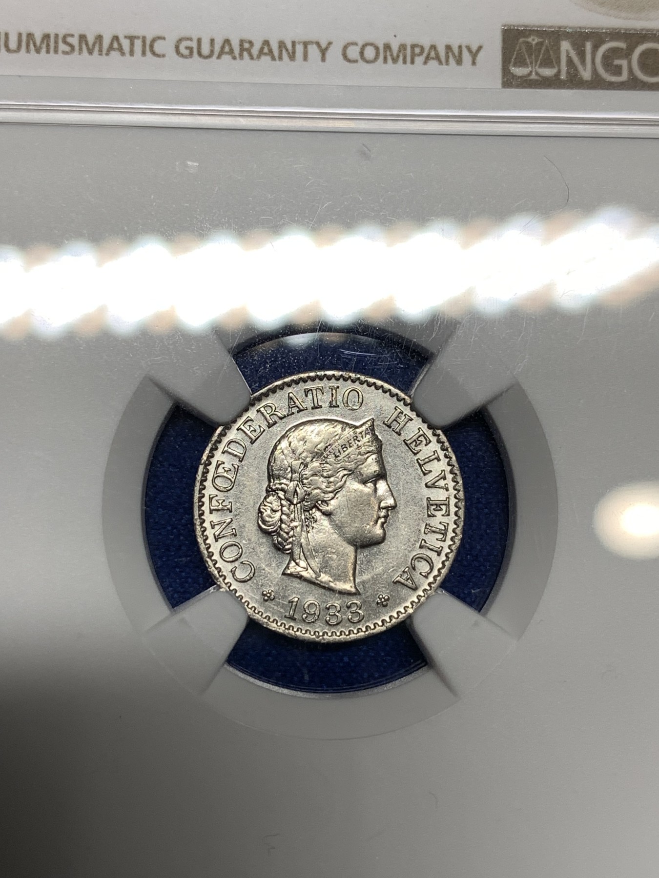 《竞宝斋》第198场-周日，周一 2场 (全场包邮) NGC-AU55 瑞士1933年早期5R纯镍币，非后期白铜合金币。