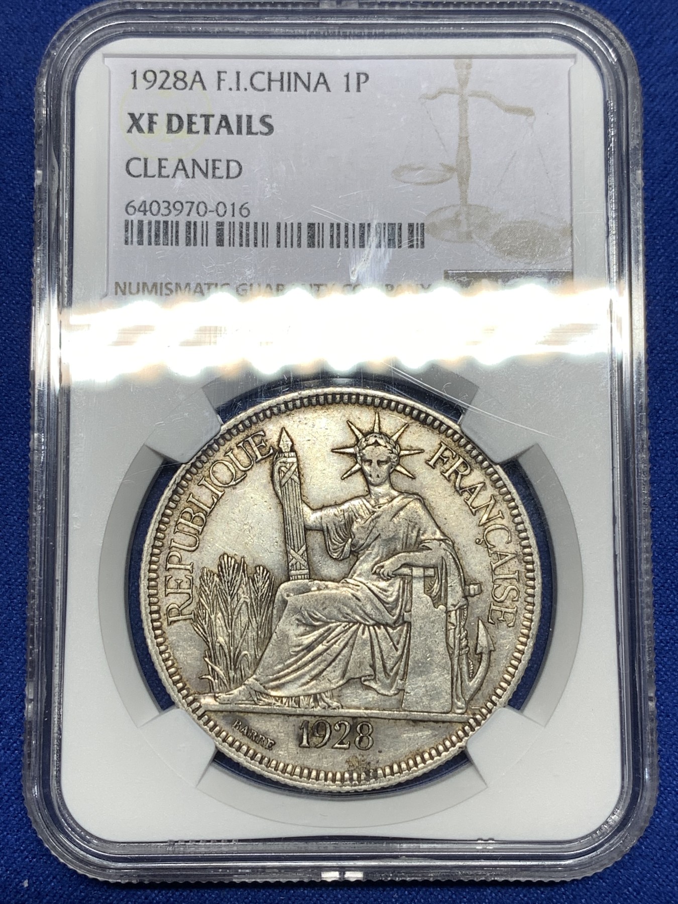 《竞宝斋》第198场-周日，周一 2场 (全场包邮) NGC-XFD 法属 坐洋 1皮亚斯特  1928A 稀少年份 五珍之一