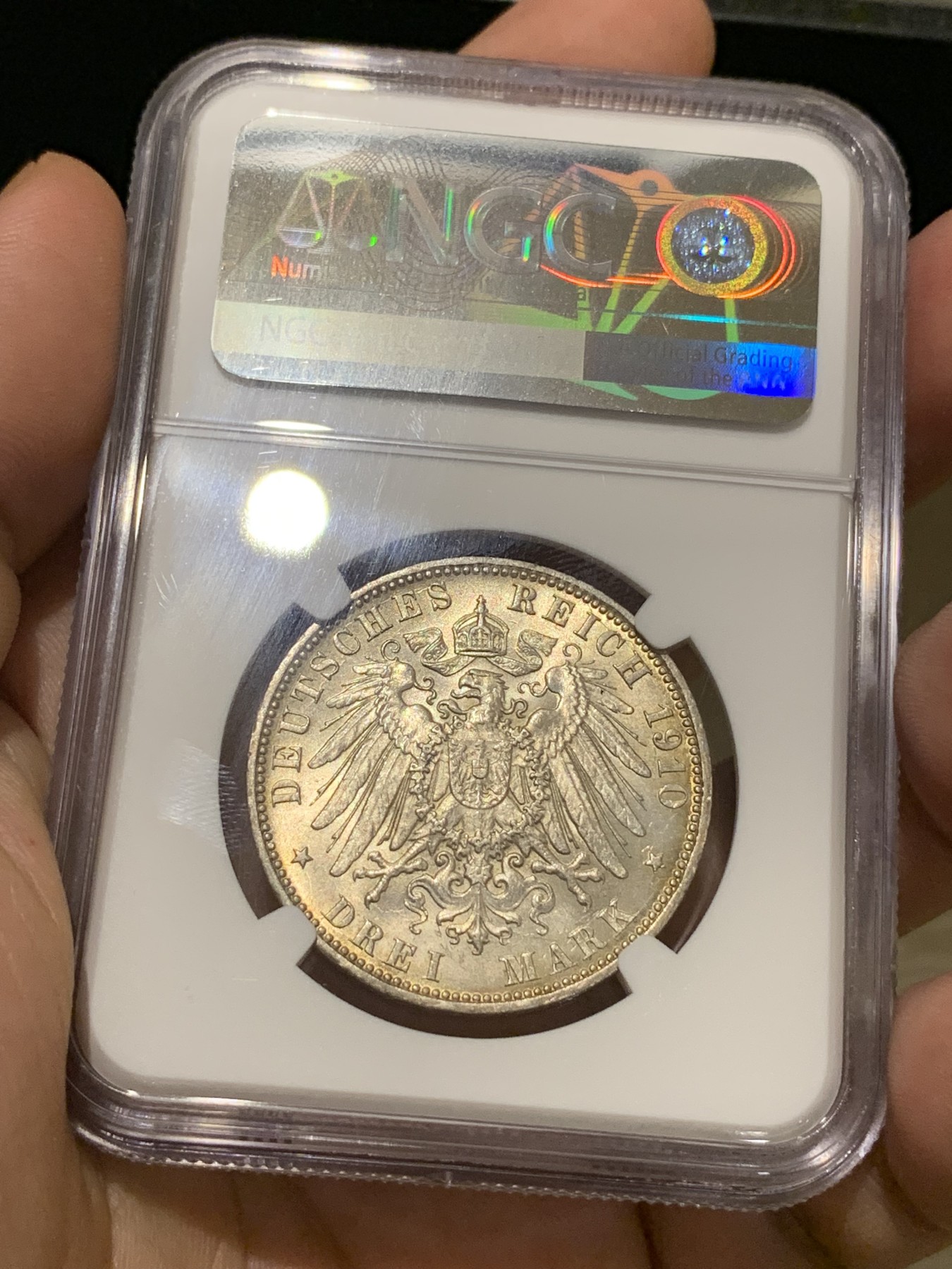 《竞宝斋》第198场-周日，周一 2场 (全场包邮) NGC MS64 1910年 德国汉堡双狮3马克银币