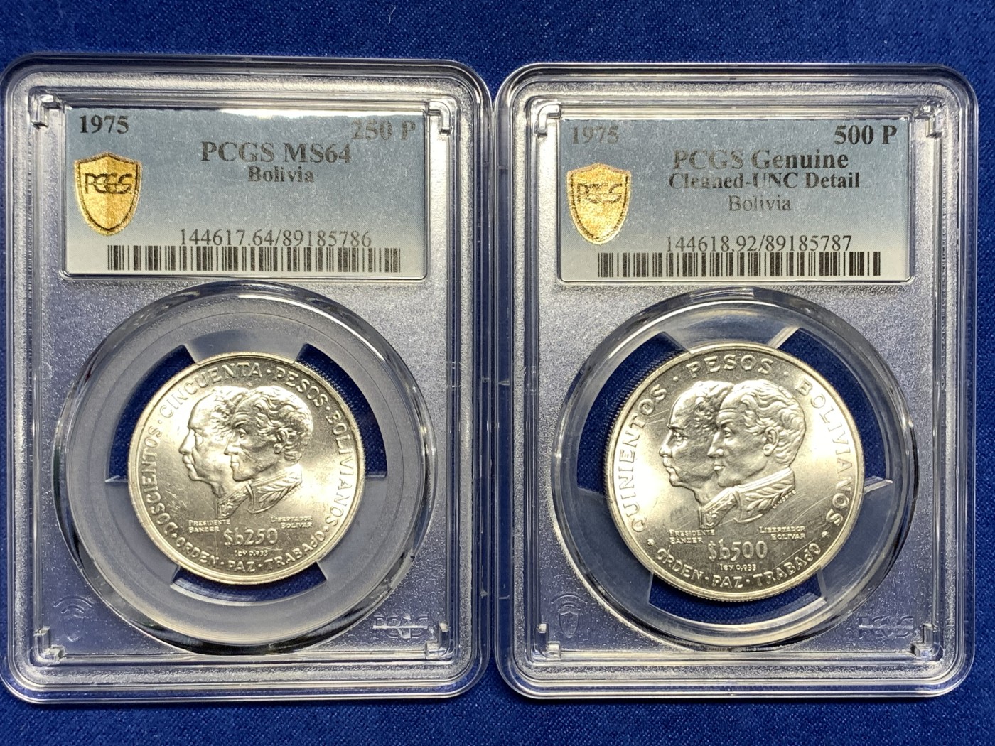 《竞宝斋》第198场-周日，周一 2场 (全场包邮) PCGS金盾 MS64、UNCD 玻利维亚1975年独立150周年纪念250比索、500比索银币一对
