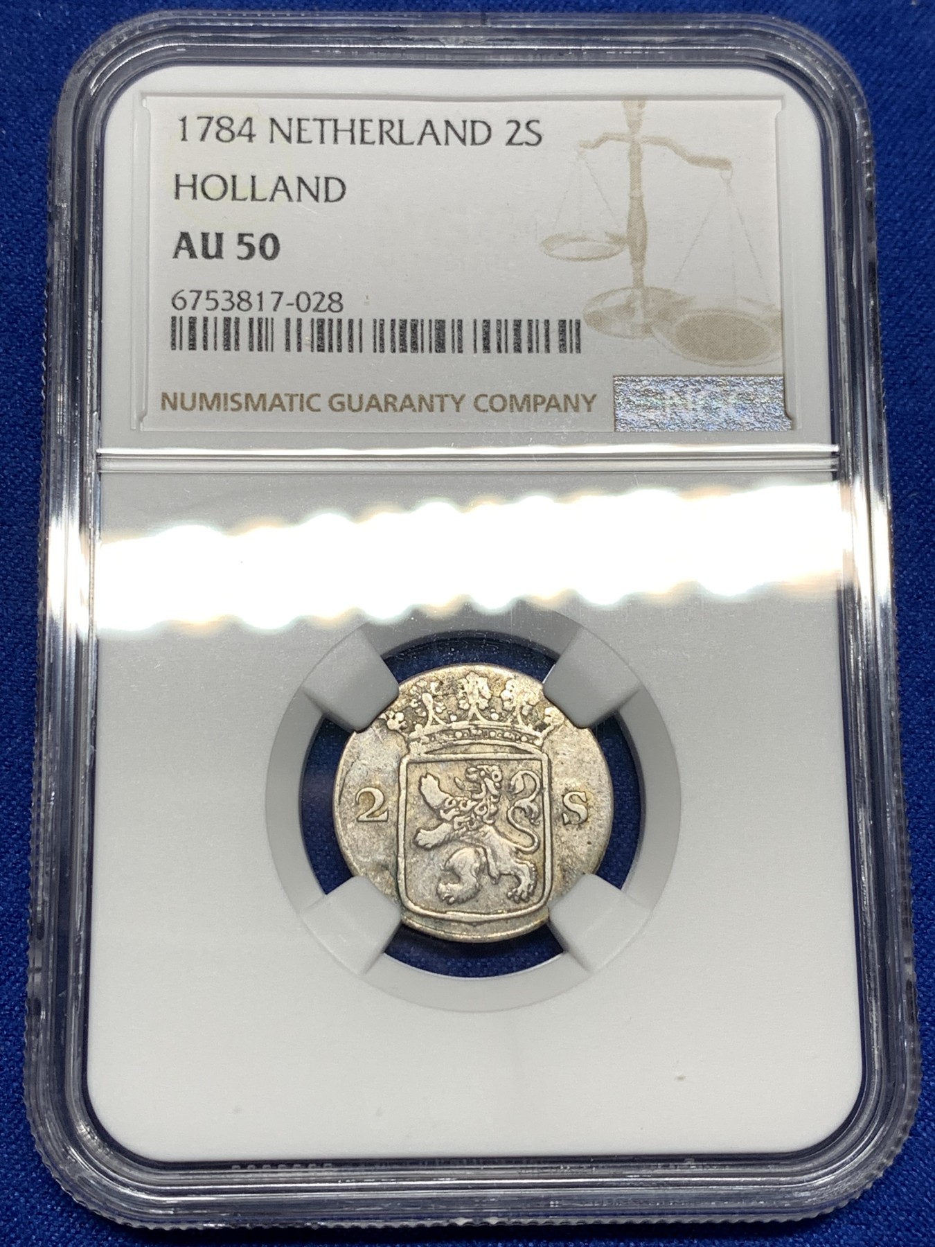 《竞宝斋》第198场-周日，周一 2场 (全场包邮) NGC-AU50 1784年荷兰省 2S银币，200多年历史了，有分难得。