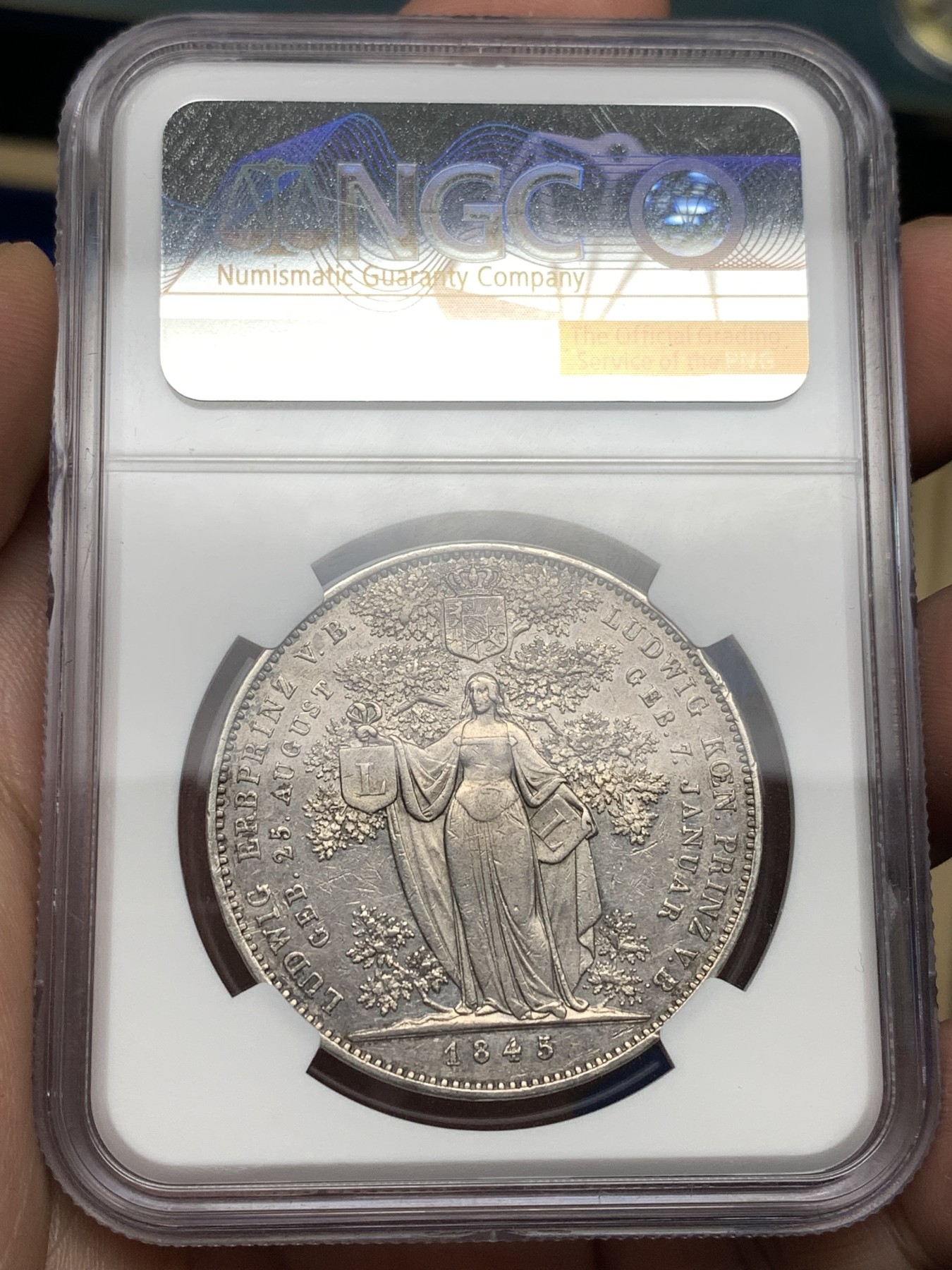 《竞宝斋》第198场-周日，周一 2场 (全场包邮) NGC AU55 德国 巴伐利亚 1845年 路德维希一世 皇孙纪念2泰勒大银币 非常热门的路德维希历史系2泰勒大银币 少见品种