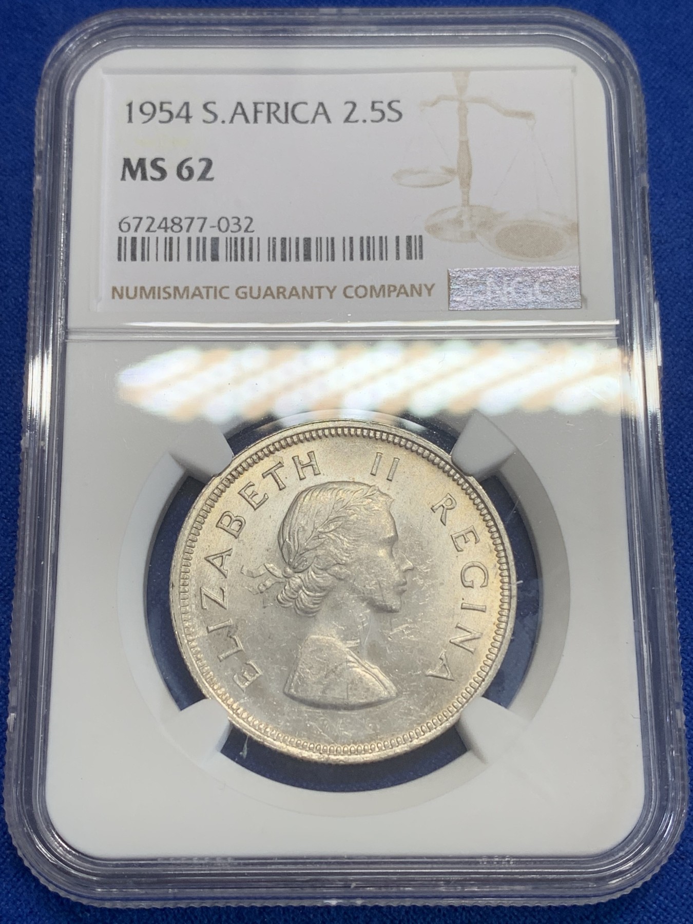 《竞宝斋》第198场-周日，周一 2场 (全场包邮) NGC-MS62 南非1954年伊丽莎白二世2.5先令银币