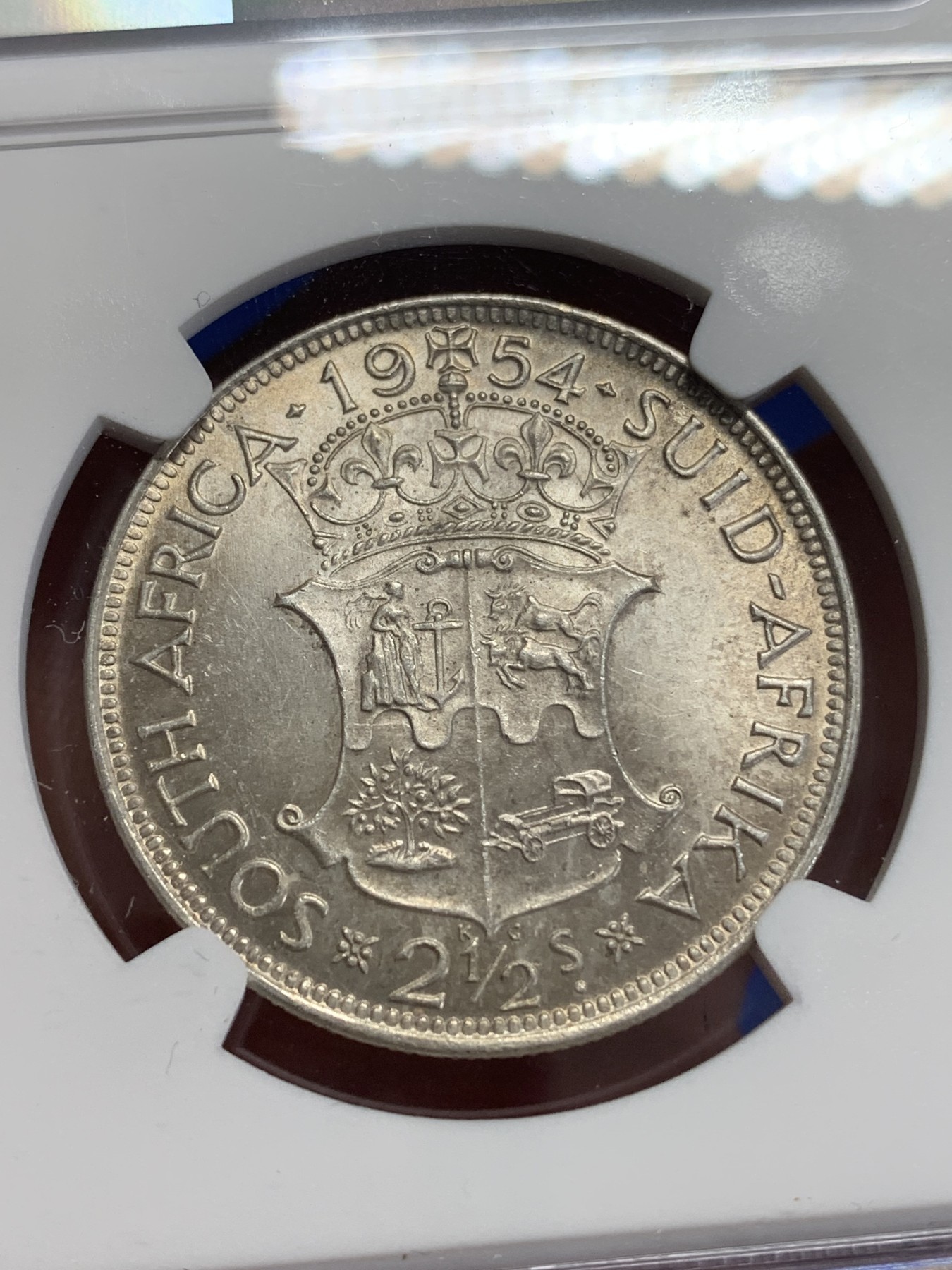 《竞宝斋》第198场-周日，周一 2场 (全场包邮) NGC-MS62 南非1954年伊丽莎白二世2.5先令银币