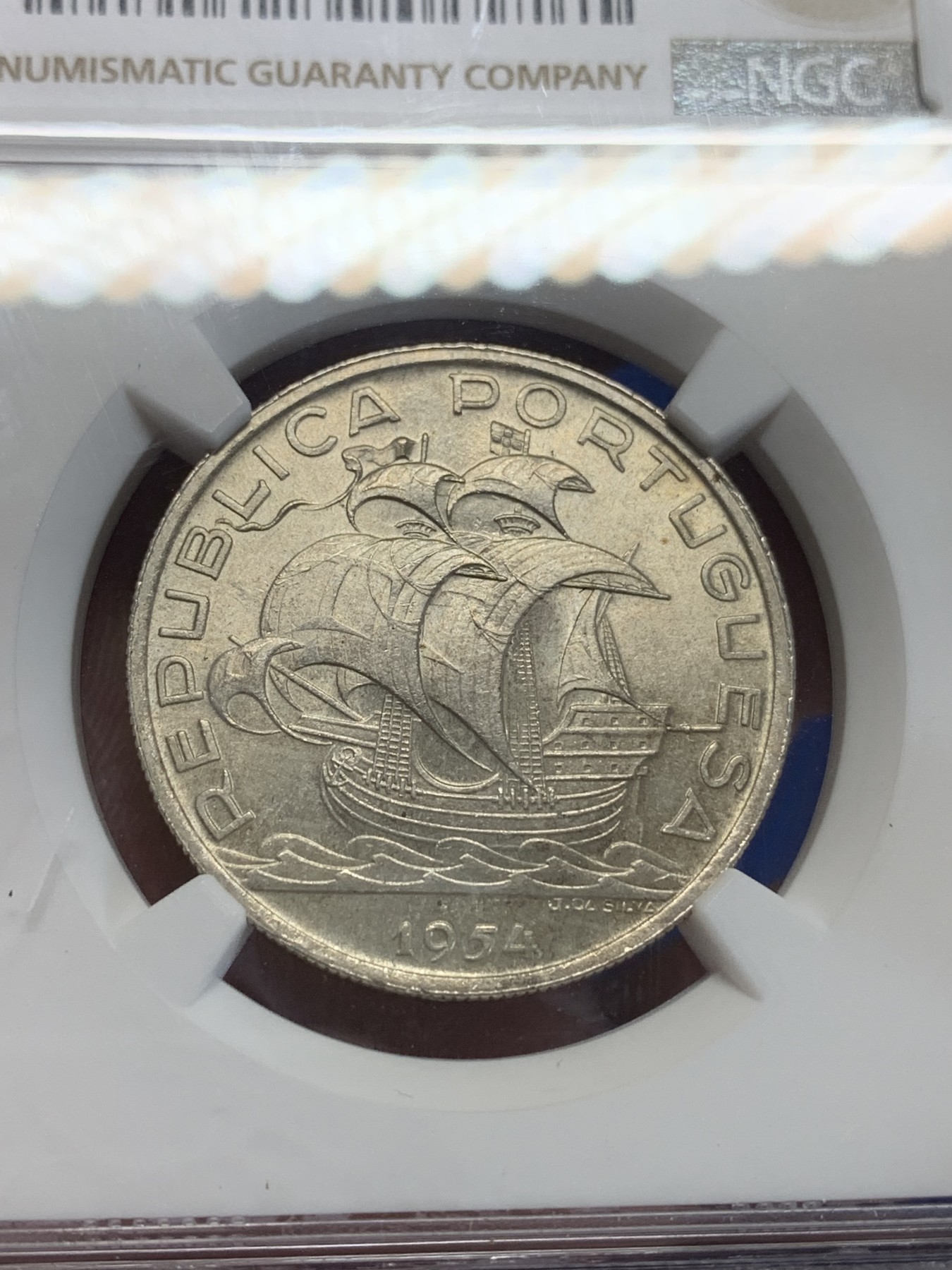 《竞宝斋》第198场-周日，周一 2场 (全场包邮) NGC-MS64 葡萄牙1954年 大帆船10埃斯库多银币