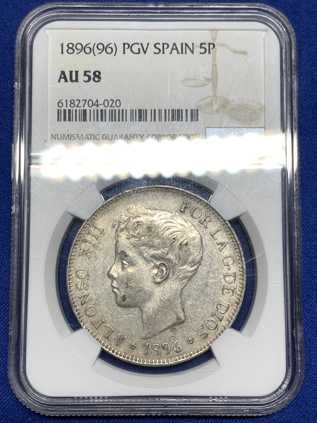 《竞宝斋》第198场-周日，周一 2场 (全场包邮) NGC-AU58 西班牙 5比塞塔 阿方索十三世 1896（96）PGV 原味状态好 少年