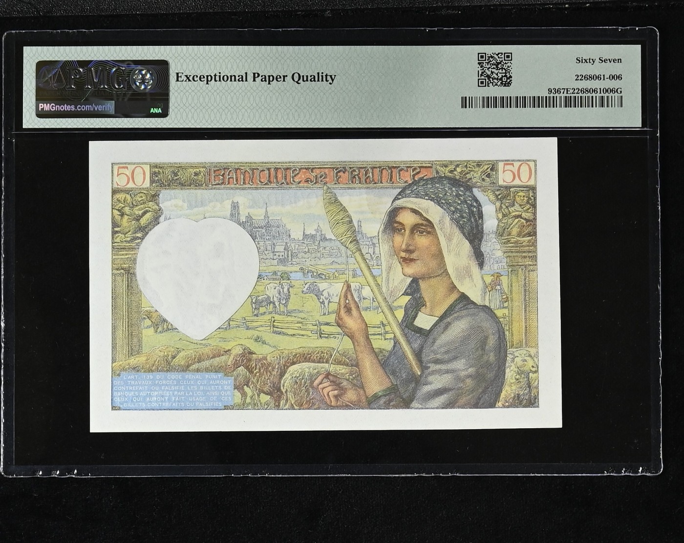 收藏联盟Quantum Auction 第290期拍卖  法国1940-42年50马克 PMG67 红顶商人 全程无47