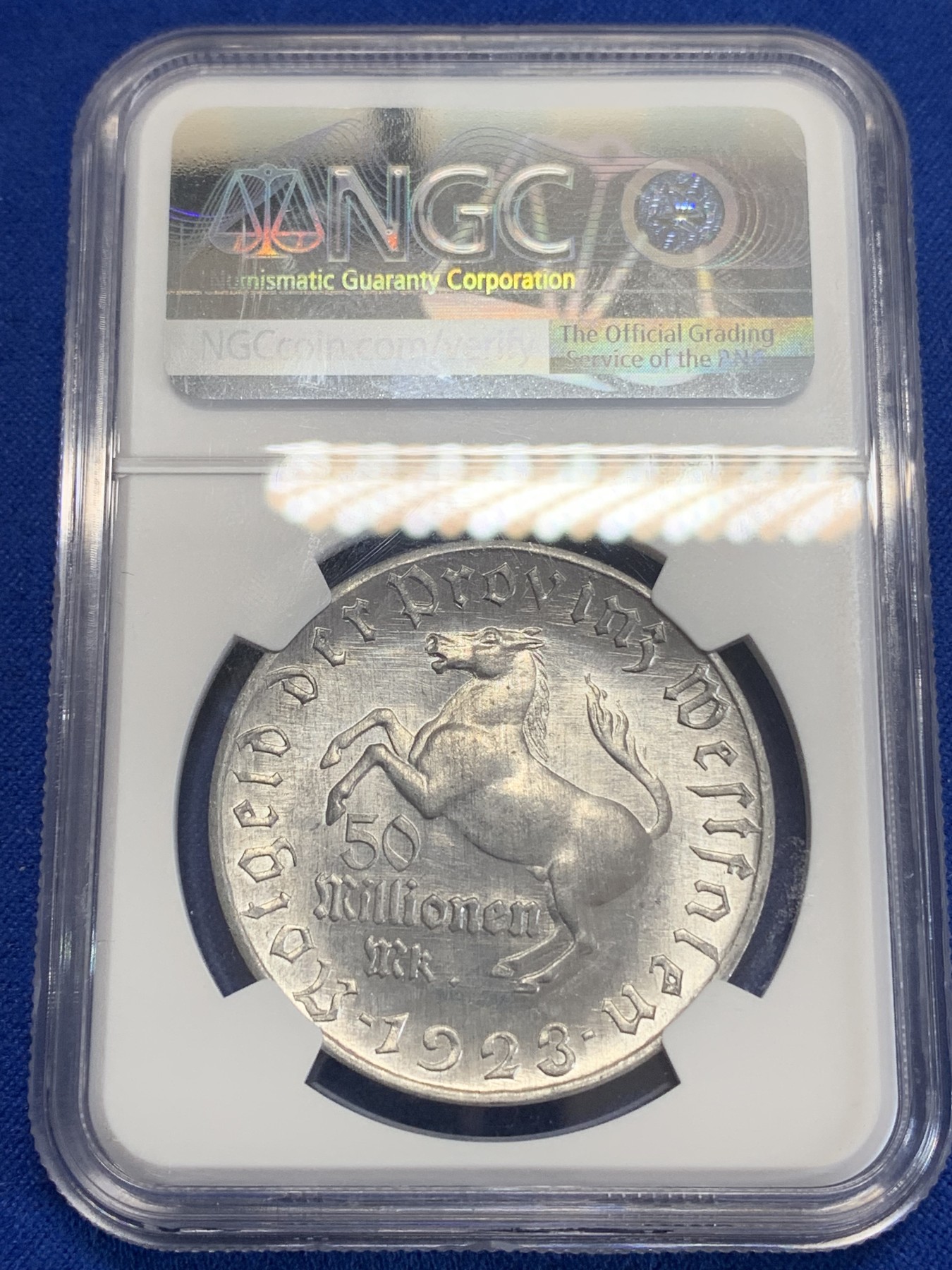 《竞宝斋》第198场-周日，周一 2场 (全场包邮) NGC MS63  1923年德国德紧威斯特法伦5000万马克铝币 次大面值 镜面底板 难得好品好状态！