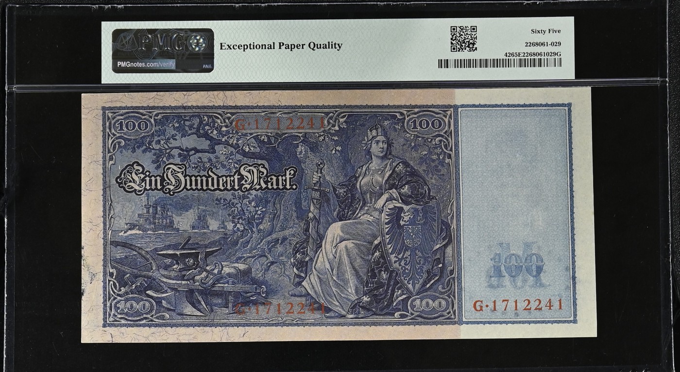 收藏联盟Quantum Auction 第290期拍卖  德国帝国银行1910年100马克 PMG65 超大票幅