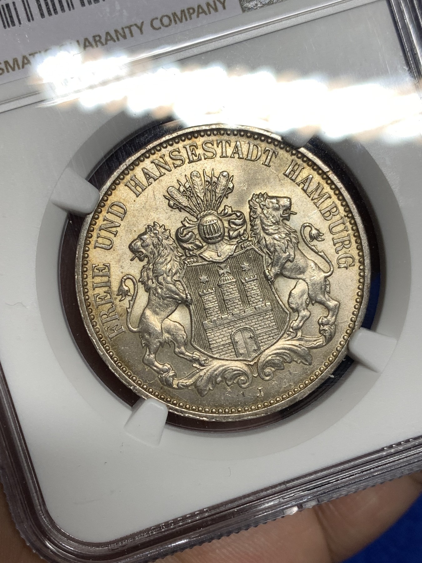 《竞宝斋》第198场-周日，周一 2场 (全场包邮) NGC MS64 1910年 德国汉堡双狮3马克银币