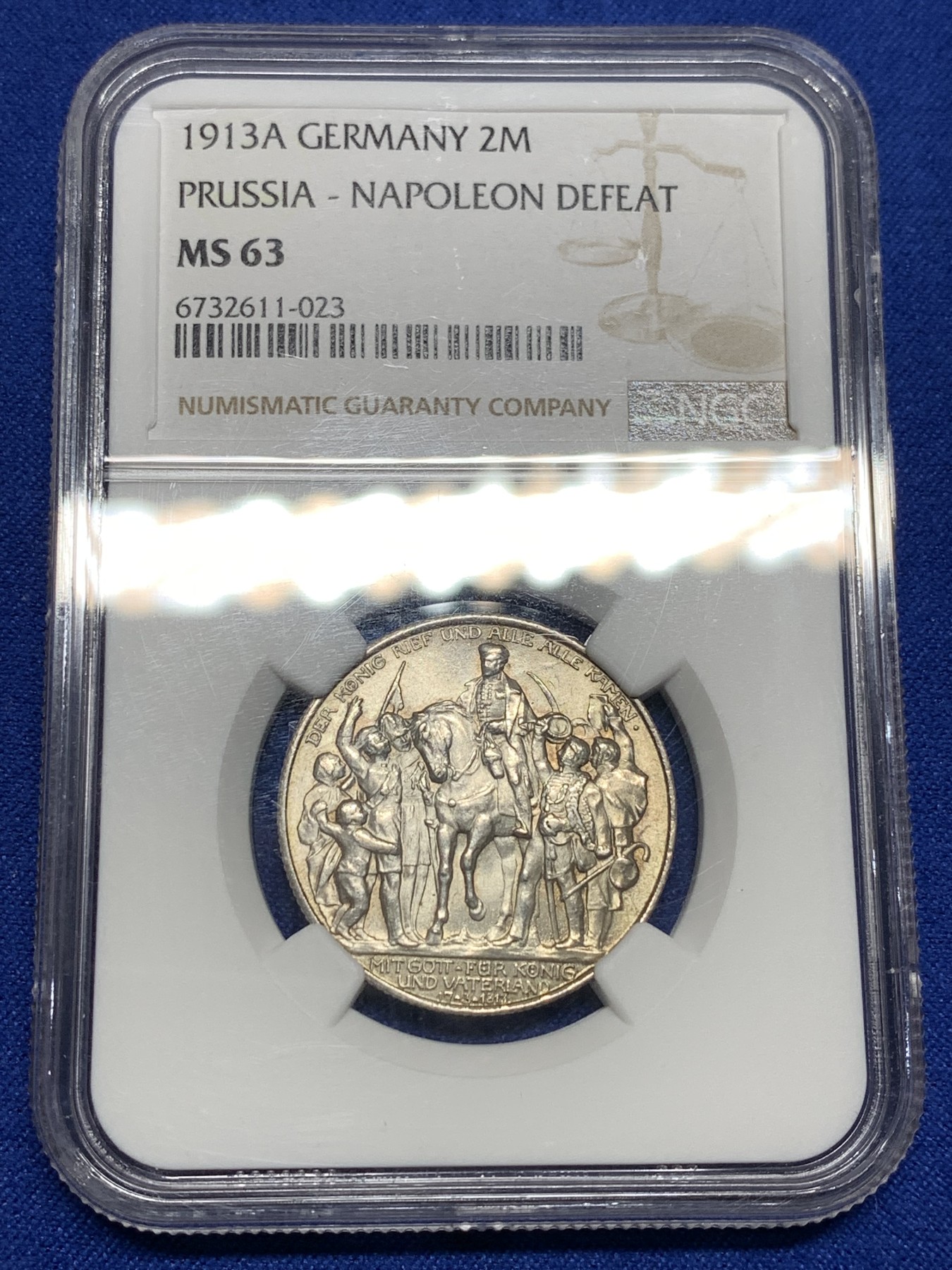 《竞宝斋》第198场-周日，周一 2场 (全场包邮) NGC MS63  1913年德国普鲁士战胜拿破仑2马克银币