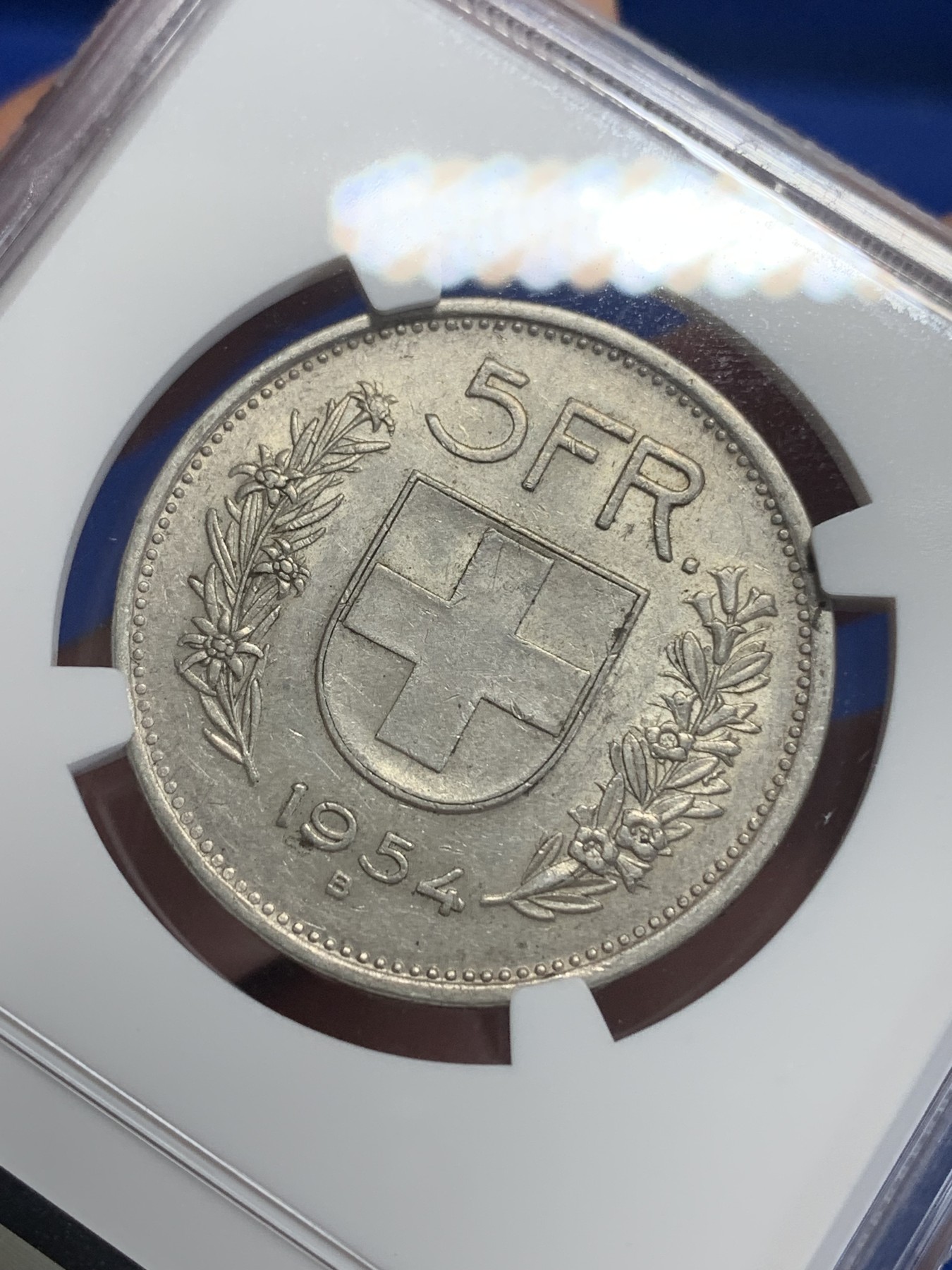 《竞宝斋》第198场-周日，周一 2场 (全场包邮) NGC AU55 1954年瑞士5法郎银币